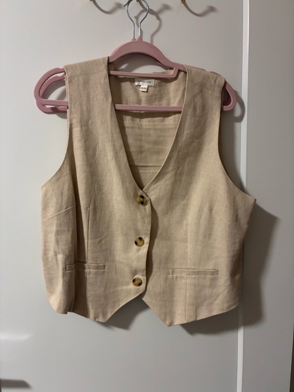 Neutral Linen Blend Button Vest - Beige